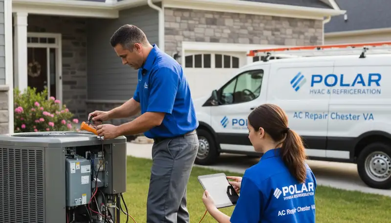 Professional AC repair technician servicing air conditioner unit in Richmond, VA
