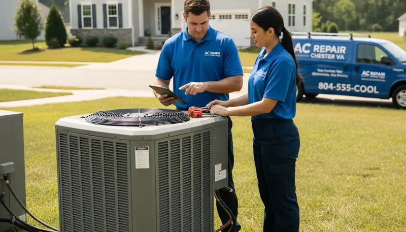 Professional AC repair technician servicing air conditioner in Richmond VA home