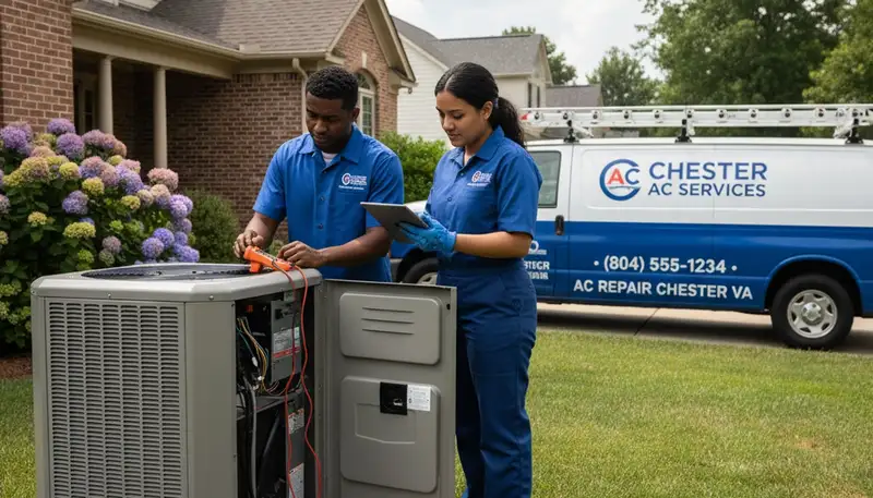 Professional AC repair technician servicing air conditioner unit in Richmond, VA