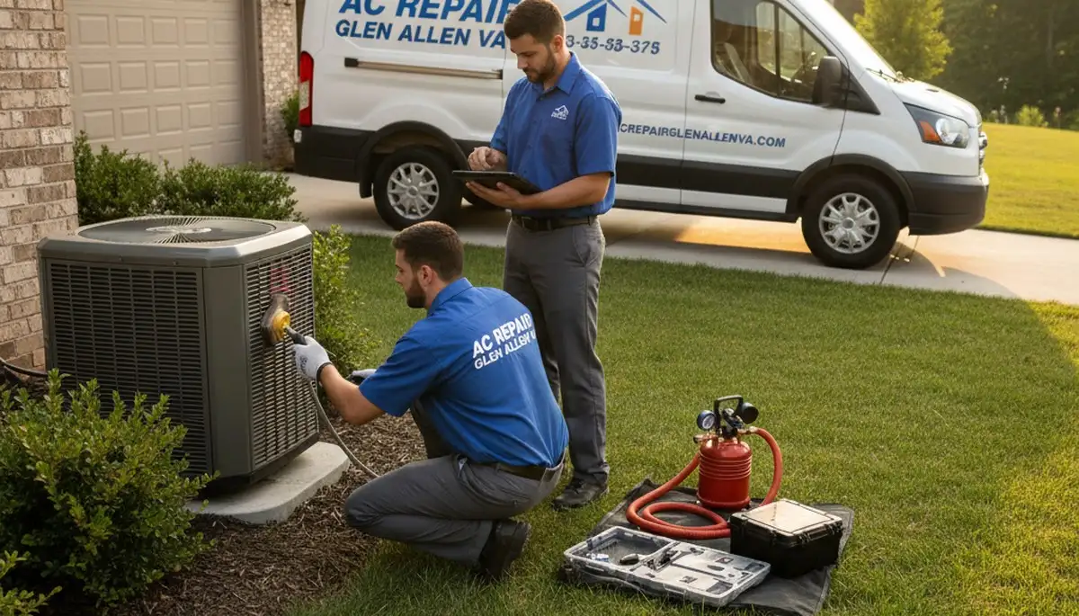 Professional AC repair technician servicing air conditioner unit in Richmond, VA
