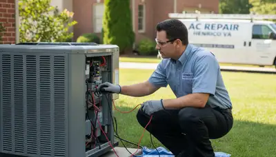 Professional AC repair technician servicing air conditioner unit in Richmond VA home