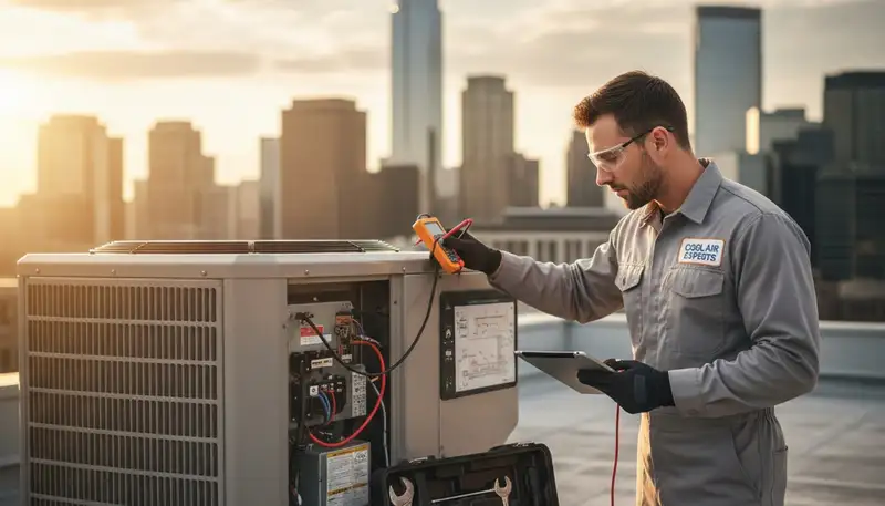 HVAC technician performing AC repair service in Richmond VA home for Five Star Cooling