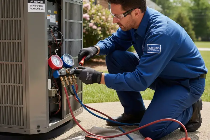 Technician performing professional AC repair on home cooling system in Richmond, VA