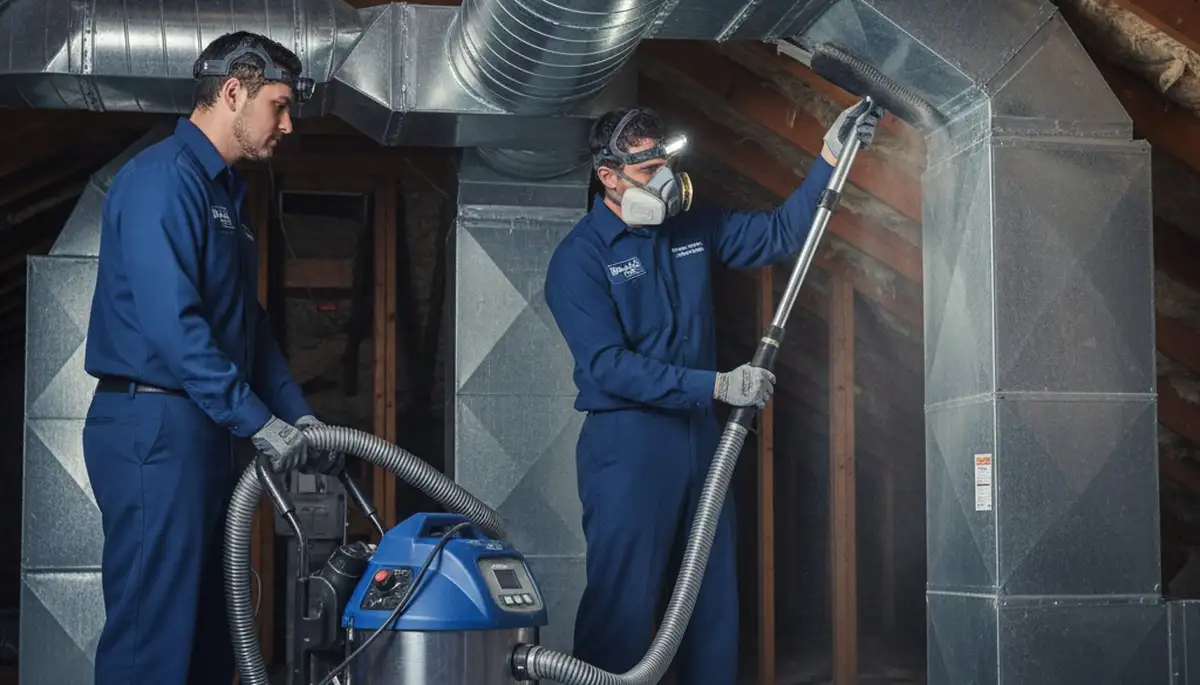 Technician performing air duct cleaning for HVAC system in Richmond, VA home
