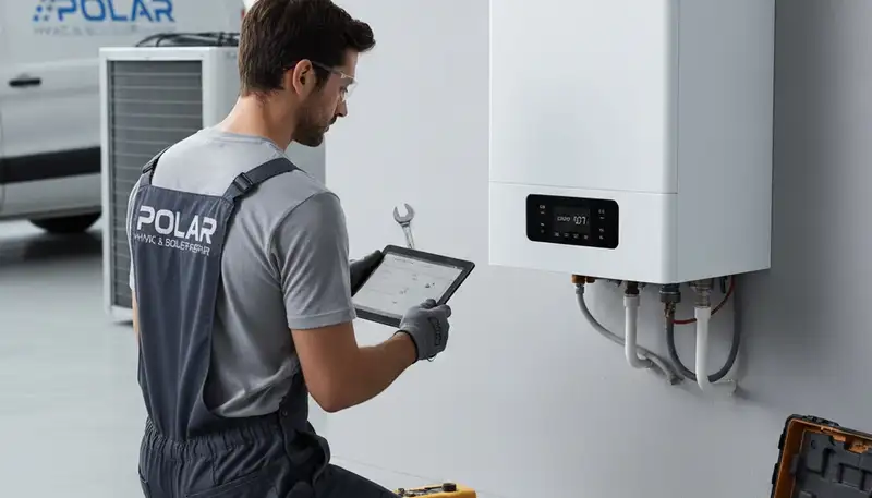 Technician performing boiler repair service at Richmond VA home for Five Star Cooling
