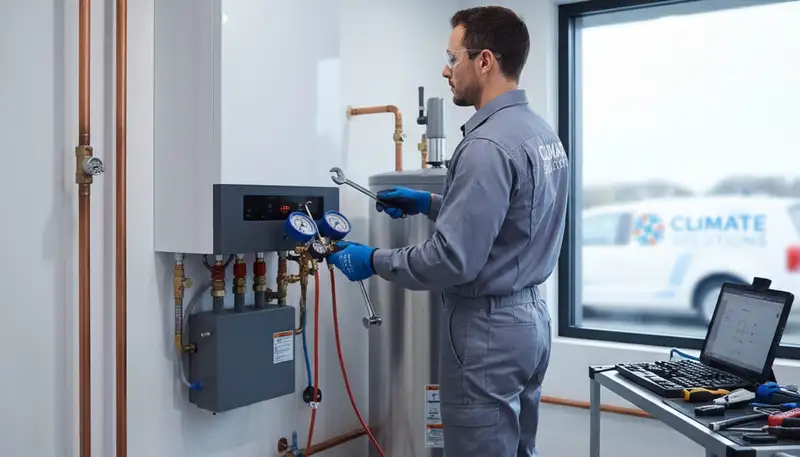 Technician performing boiler repair service for a home in Richmond, VA by Five Star Cooling