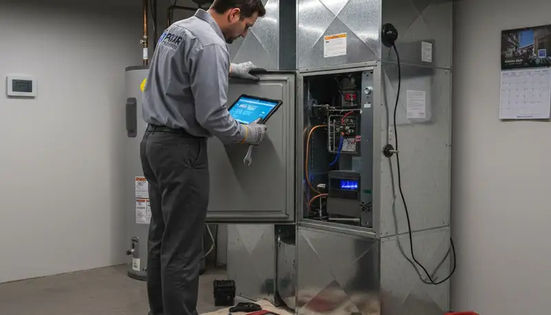 Technician performing furnace repair in Richmond VA home for Five Star Cooling
