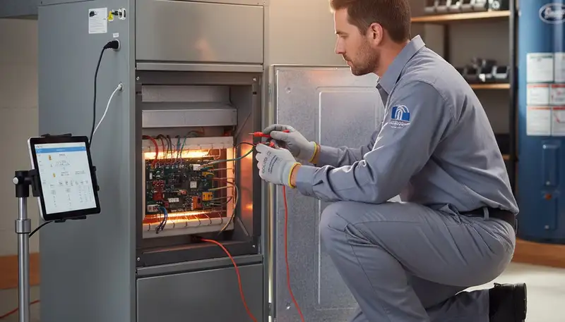 Technician performing heating repair on furnace unit in Richmond, VA home