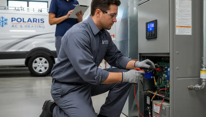 Technician performing heating repair on furnace in Richmond VA home by Five Star Cooling