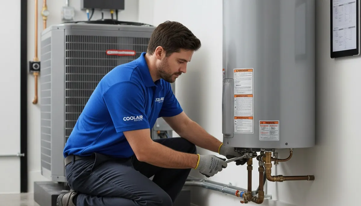 Technician repairing water heater at Richmond VA home - Five Star Cooling expert service