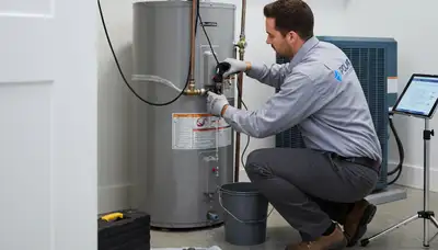 Technician repairing residential water heater in Richmond VA for Five Star Cooling service page