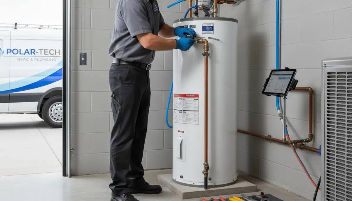 Technician performing water heater repair in Richmond VA for Five Star Cooling service